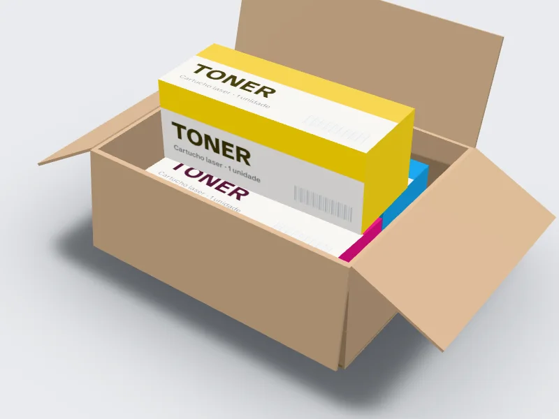 Ilustração de uma caixa de cartão aberta com três caixas de toner novas, protegidas por papel de embalagem.