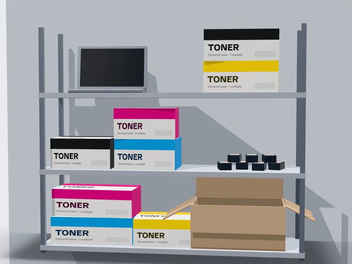 Ilustração de uma estante com caixas de toner de várias cores, tinteiros, uma caixa de cartão aberta e um portátil.
